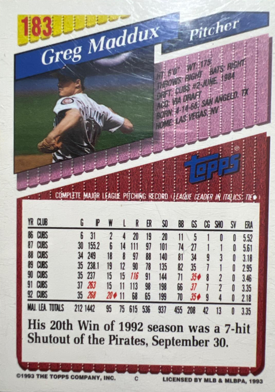 1993 Topps Greg Maddux Baseball Card #183