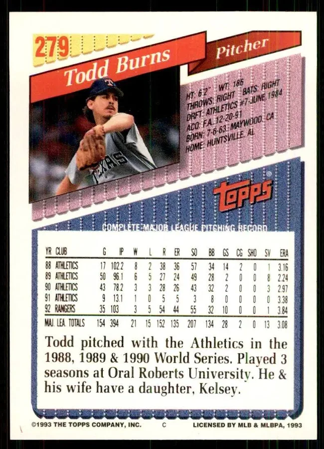 1993 Topps Todd Burns Baseball Card #279
