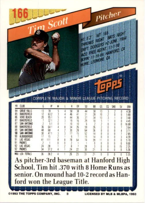 1993 Topps Tim Scott Baseball Card #166