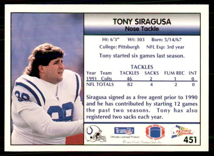 1992 Pacific Tony Siragusa Football Card #451