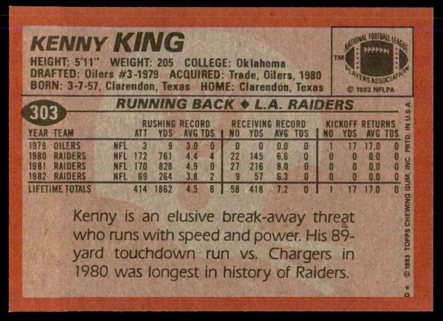 1983 Topps Kenny King Football Card #303