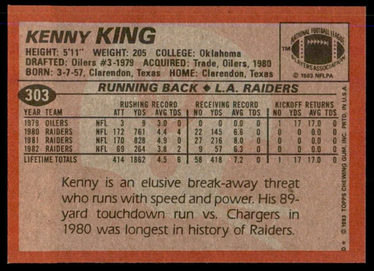 1983 Topps Kenny King Football Card #303