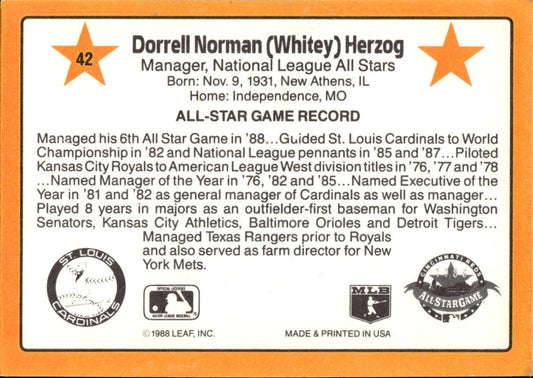 1989 Donruss Dorrell Norman (Whitey) Herzog Baseball Card #42