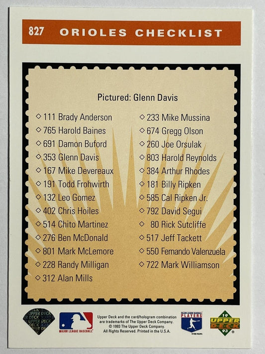 1993 Upper Deck Orioles Checklist Baseball Card #827
