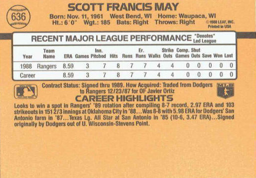 1989 Donruss Scott Francis May Baseball Card #636