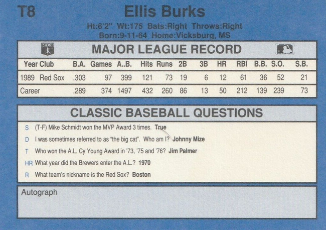 1990 Classic Baseball Ellis Burks Baseball Card #T8