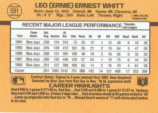 1989 Donruss Leo (Ernie) Ernest Whitt Baseball Card #591