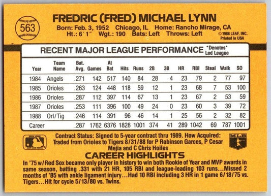 1989 Donruss Fredric (Fred) Michael Lynn Baseball Card #563