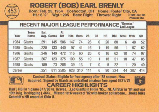 1989 Donruss Robert (Bob) Earl Brenly Baseball Card #453
