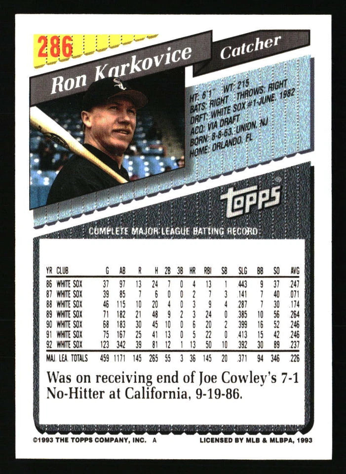1993 Topps Ron Karkovice Baseball Card #286