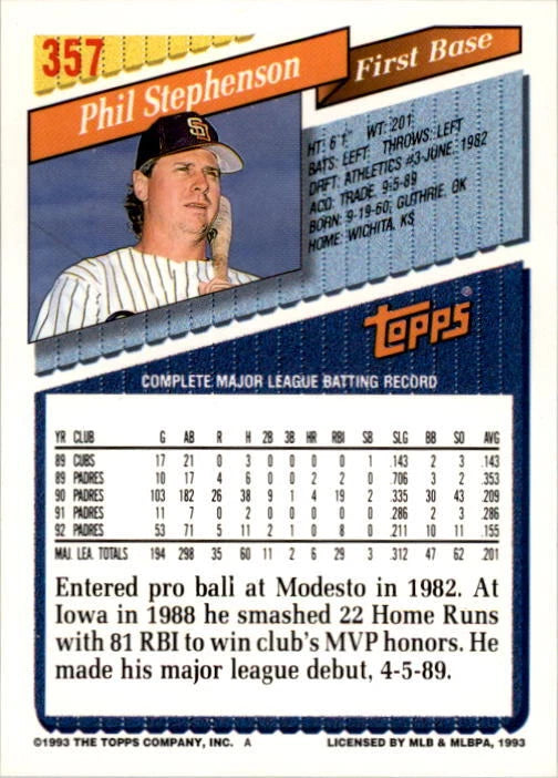 1993 Topps Phil Stephenson Baseball Card #357