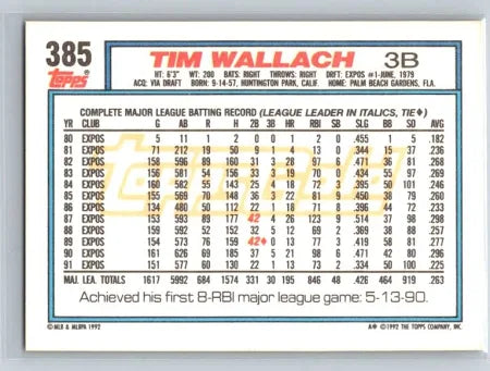 1992 Topps Tim Wallach Baseball Card #385