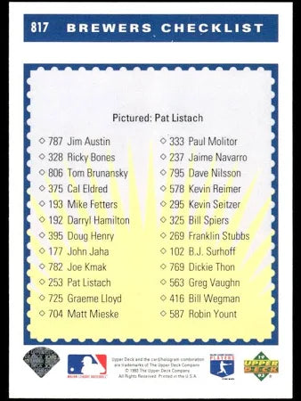 1993 Upper Deck Collectors Choice Brewers Checklist Baseball Card #817