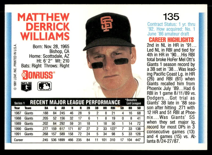 1992 Donruss Matthew Derrick Williams Baseball Card #135