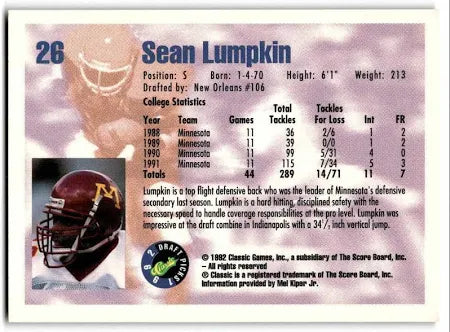 1992 Classic Draft Picks Sean Lumpkin Football Card #26