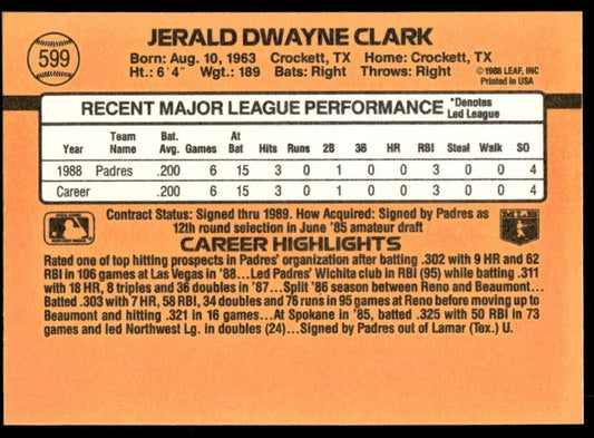1989 Donruss Jerald Dwayne Clark Baseball Card #599