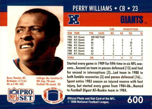 1990 NFL Pro Set Perry Williams Football Card #600