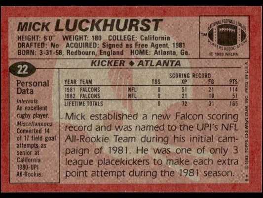 1983 Topps Mick Luckhurst Football Card #22