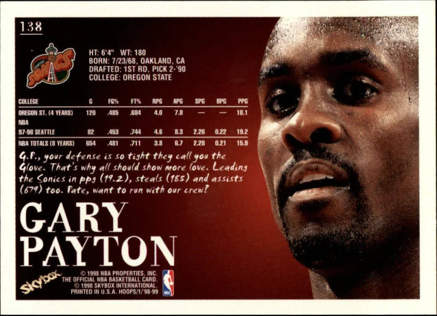 1998 Skybox Gary Payton Basketball Card #138