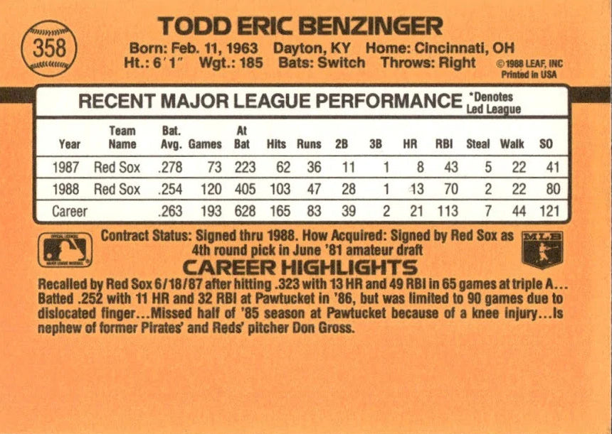 1989 Donruss Todd Eric Benzinger Baseball Card #358