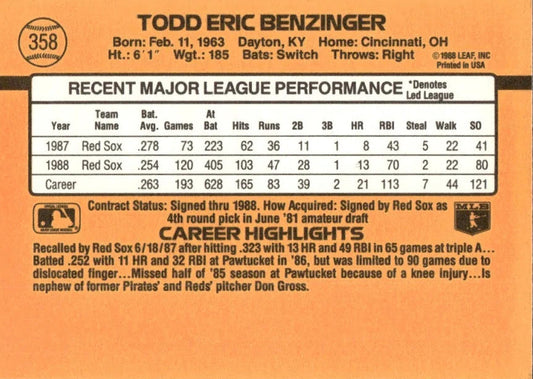 1989 Donruss Todd Eric Benzinger Baseball Card #358