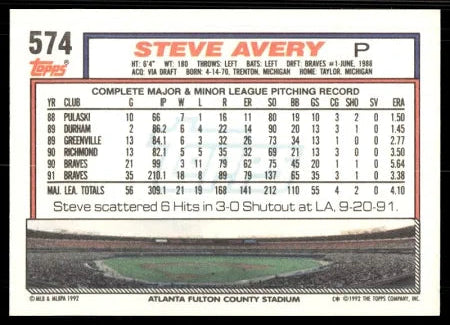 1992 Topps Steve Avery Baseball Card #574