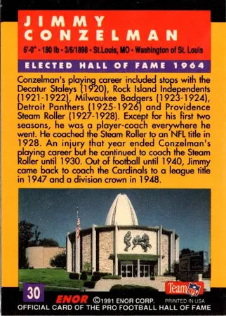 1991 Encor Corp Jimmy Conzelman Elected Hall of Fame 1964 Football Card #30