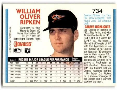 1992 Donruss William Oliver Ripken Baseball Card #734