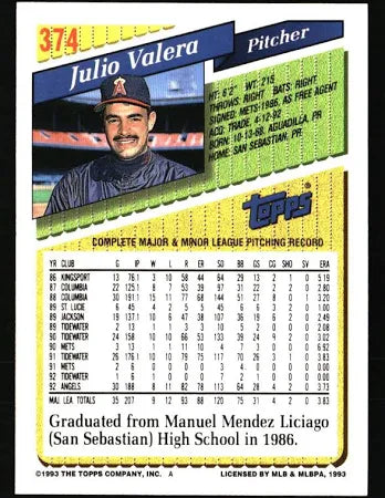 1993 Topps Julio Valera Baseball Card #374
