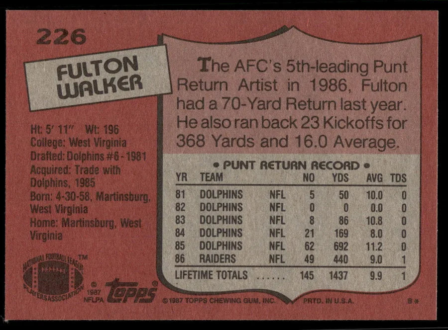 1987 Topps Fulton Walker Football Card #226