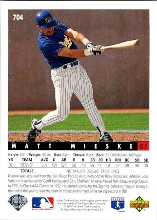 1993 Upper Deck Matt Mieske Baseball Card #704
