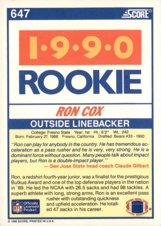 1990 Score 1990 Rookie Ron Cox Football Card #647