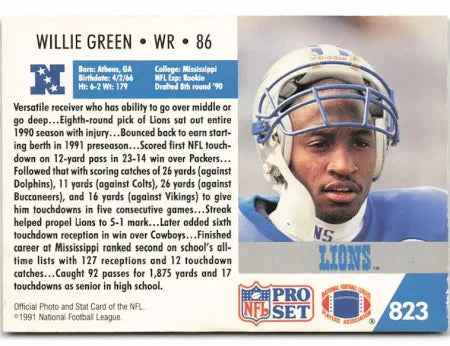 1991 NFL Pro Set Willie Green Football Card #823