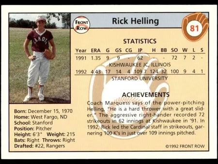1992 Front Row Rick Helling Baseball Card #81
