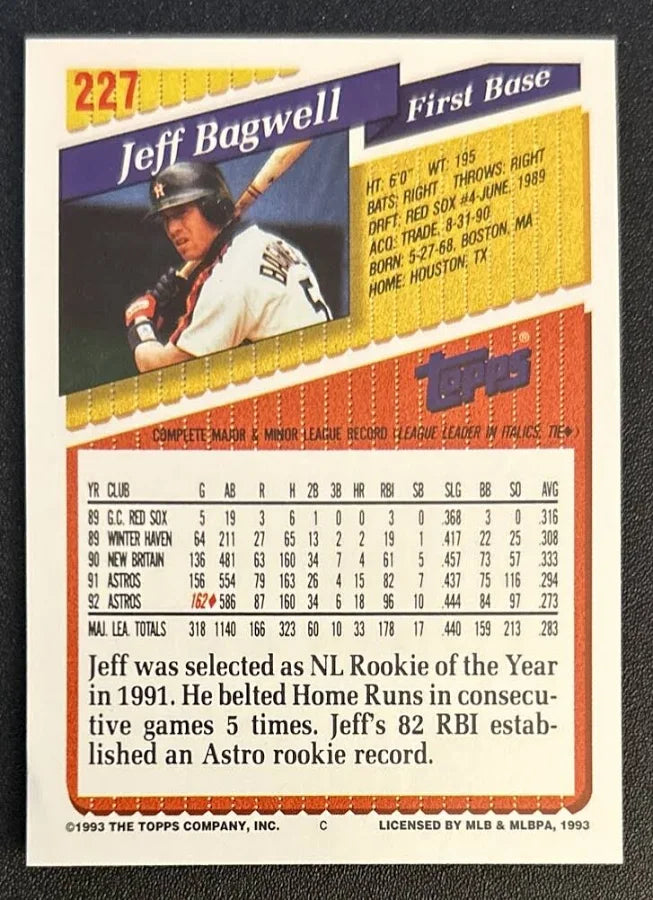 1993 Topps Jeff Bagwell Baseball Card #227