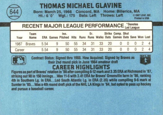 1988 Donruss Thomas Michael Glavine Baseball Card #644