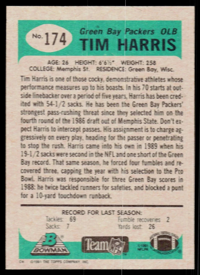 1991 Bowman Tim Harris Football Card #174