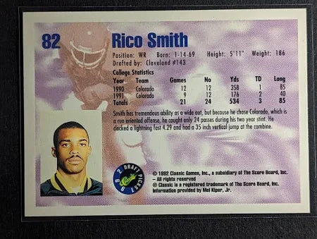 1992 Classic Draft Picks Rico Smith Football Card #82