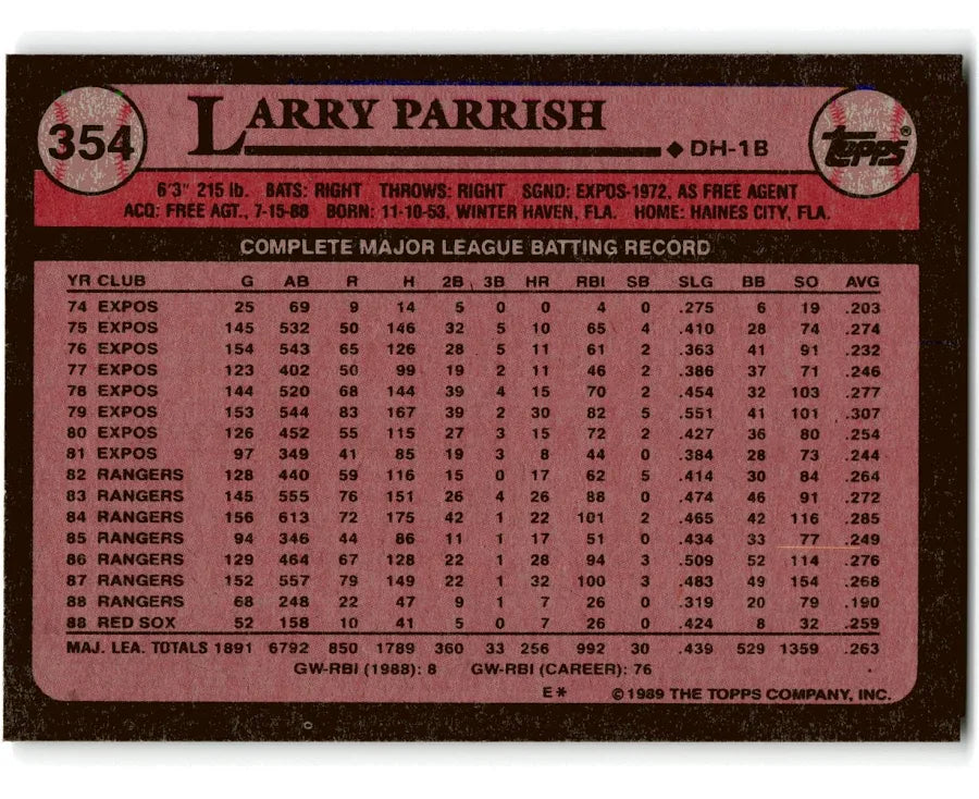 1989 Topps Larry Parrish Baseball Card #354
