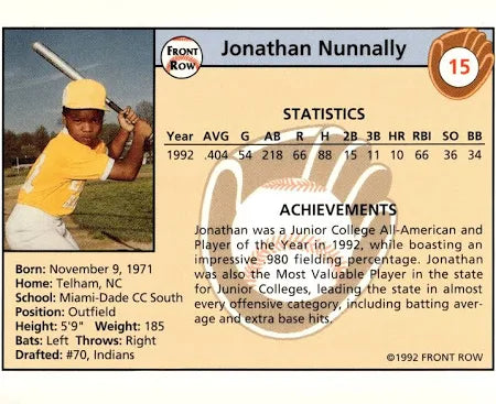 1992 Front Row Jonathan Nunnally Baseball Card #15