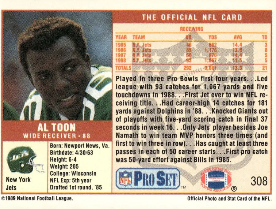 1989 NFL Pro Set Al Toon Football Card #308