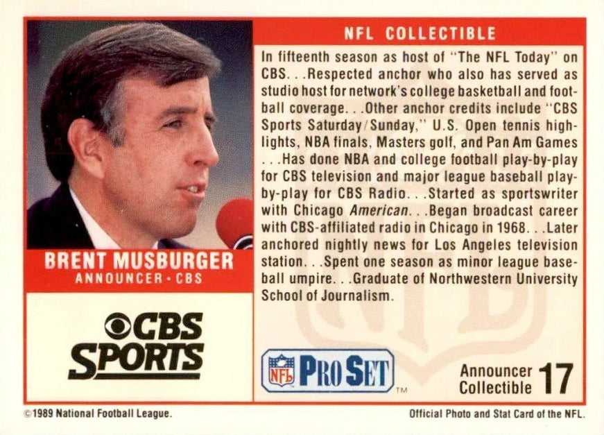 1989 NFL Pro Set Brent Musburger CBS SPorts Football Card #17