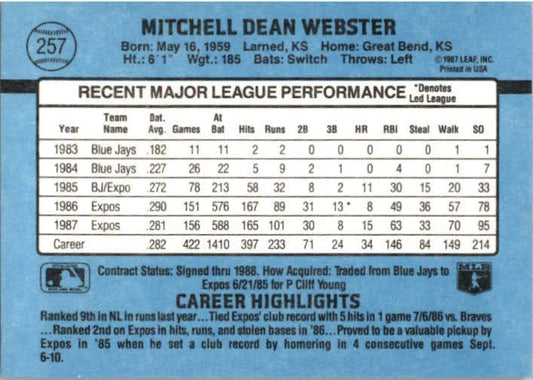 1988 Donruss Mitchell Dean Webster Baseball Card #257
