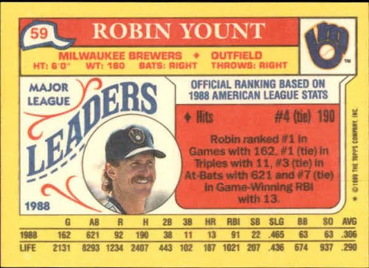 1989 Topps Major League Leaders Robin Yount Baseball Card #59