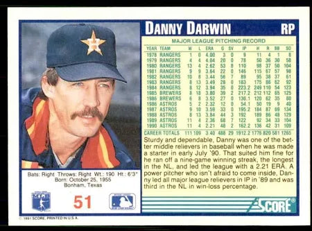 1991 Score Danny Darwin Baseball Card #51