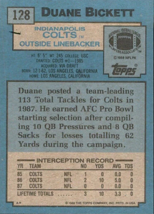 1988 Topps Duane Bickett Football Card #128