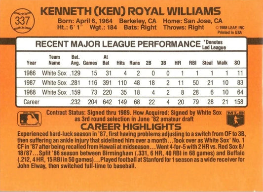 1989 Donruss Kenneth (Ken) Royal Williams Baseball Card #337