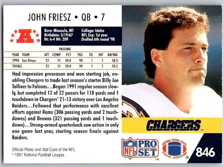 1991 NFL Pro Set John Friesz Football Card #846