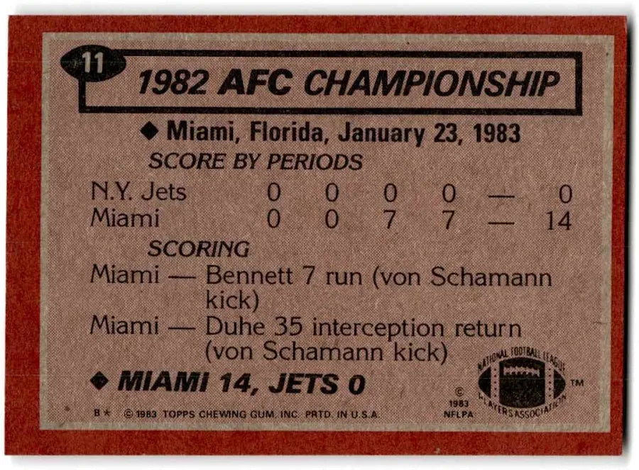 1983 Topps 1982 AFC Championship Miami 14, Jets 0 Football Card #11