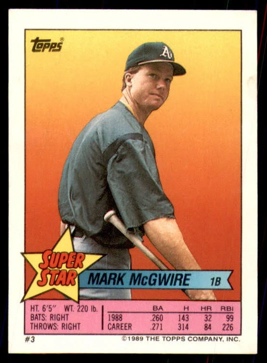 1989 Topps Super Star Sticker Mark McGwire Baseball Card #3